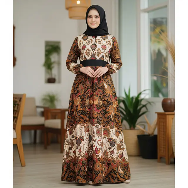 9 Model Gamis Batik Kombinasi Polos Hitam untuk Acara Formal, Tampil Anggun