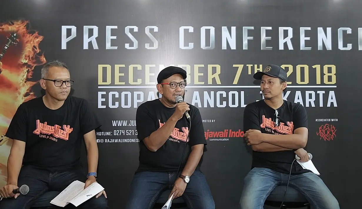 Dalam jumpa pers yang diadakan pada selasa (24/7/2018) di Hard Rock Cafe Jakarta,  Rajawali Indonesia Communication selaku promotor secara resmi mengumumkan Konser Judas Priest di Indonesia untuk pertama kalinya. (Bambang E. Ros/Bintang.com)