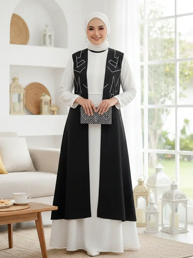 Model Gamis Rompi Terbuka Tren Busana Lebaran 2026 (Foto: Gemini AI)