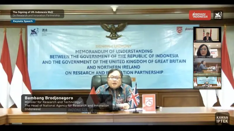 dalam acara webinar penandatanganan perjanjian (MoU) kerjasama riset dan teknologi Inggris-Indonesia pada Rabu (5/8/2020) (Photo by: Kemenristek BRIN/British Embassy Jakarta)