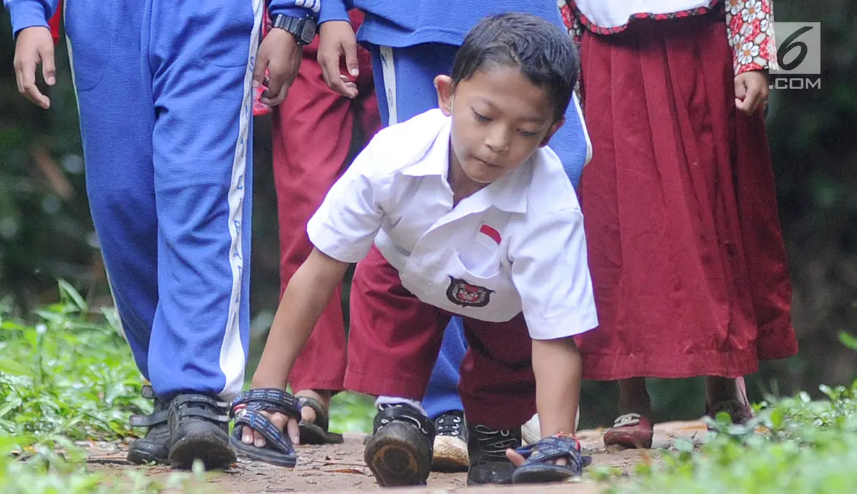 Mukhlis Abdul Holik (8) menuju sekolahnya di Kampung Cikiwul Tonggoh, Sekarwangi, Sukabumi, Kamis (15/11). Dengan penuh semangat dan percaya diri, bocah 8 tahun ini sehari-hari harus merangkak sejauh 3 km menuju SDN 10 Cibadak. (Merdeka.com/Arie Basuki)