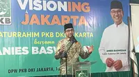 Anies Baswedan memberikan keterangan pers saat bertandang ke Kantor DPW PKB DKI Jakarta, Jakarta Timur, Kamis (13/6/2024). Anies menerima pinangan PKB untuk maju dalam pilkada Jakarta 2024. (Liputan6. com/Winda Nelfira)