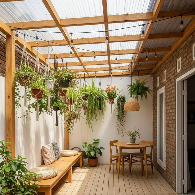 Model Teras Rumah Kecil dengan Kanopi Kayu dan Taman Gantung