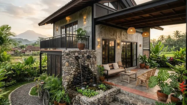 10 Desain Rumah Desa Sederhana dengan Pancuran Mini di Teras, Nuansa Relaksasi