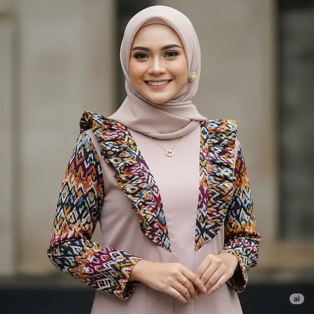 Model Gamis Tenun Kombinasi Polos. Foto: Gemini