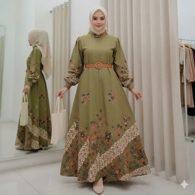 Gamis A-Line Batik Motif Kawung Olive