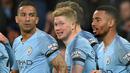 Selebrasi gol pertama Manchester City yang dicetak Kevin de Bruyne pada laga lanjutan Premier League yang berlangsung di Stadion Etihad, Manchester, Kamis (4/4). Manchester City menang 2-0 atas Cardiff City. (AFP/Oli Scarff)