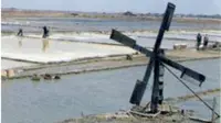 Petani garam di pesisir pantai utara Karawang, berhenti berproduksi, dampak air laut sebagai sumber utama pembuatan garam tercemar minyak pertamina yang bocor sejak dua minggu lalu. (Liputan6.com/Abramena)
