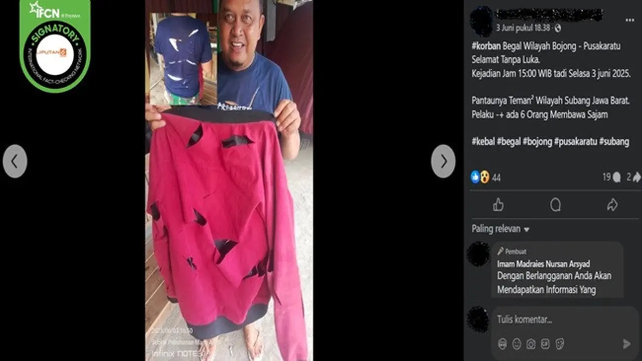 Gambar tangkapan layar kabar tentang seorang pria menjadi korban begal di Subang, Jawa Barat pada 3 Juni 2025. (sumber: Facebook)
