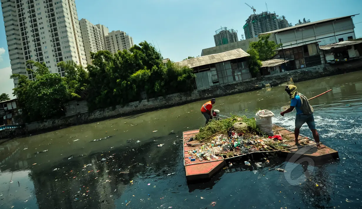 Pekerja kebersihan membersihkan tumbuhan liar dan sampah di bantaran Kali Sentiong, Jakarta, Selasa (31/3/2015). Kegiatan tersebut dilakukan guna mengantisipasi banjir dan mengurangi penumpukan sampah di sepanjang sungai. (Liputan6.com/Faizal Fanani)