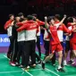Tim China&nbsp;merayakan kemenangan 3-1 atas Indonesia pada pertandingan final Piala Thomas di&nbsp;Hi-Tech Zone Sports Centre Gymnasium, Chengdu, China, Minggu, 5 Mei 2024. (WANG Zhao/AFP)