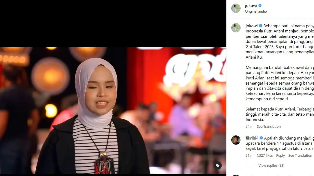 Presiden Jokowi mengunggah ulang video Putri Ariani di America's Got Talent 2023. Presiden juga memberi ucapan selamat kepada Putri Ariani
