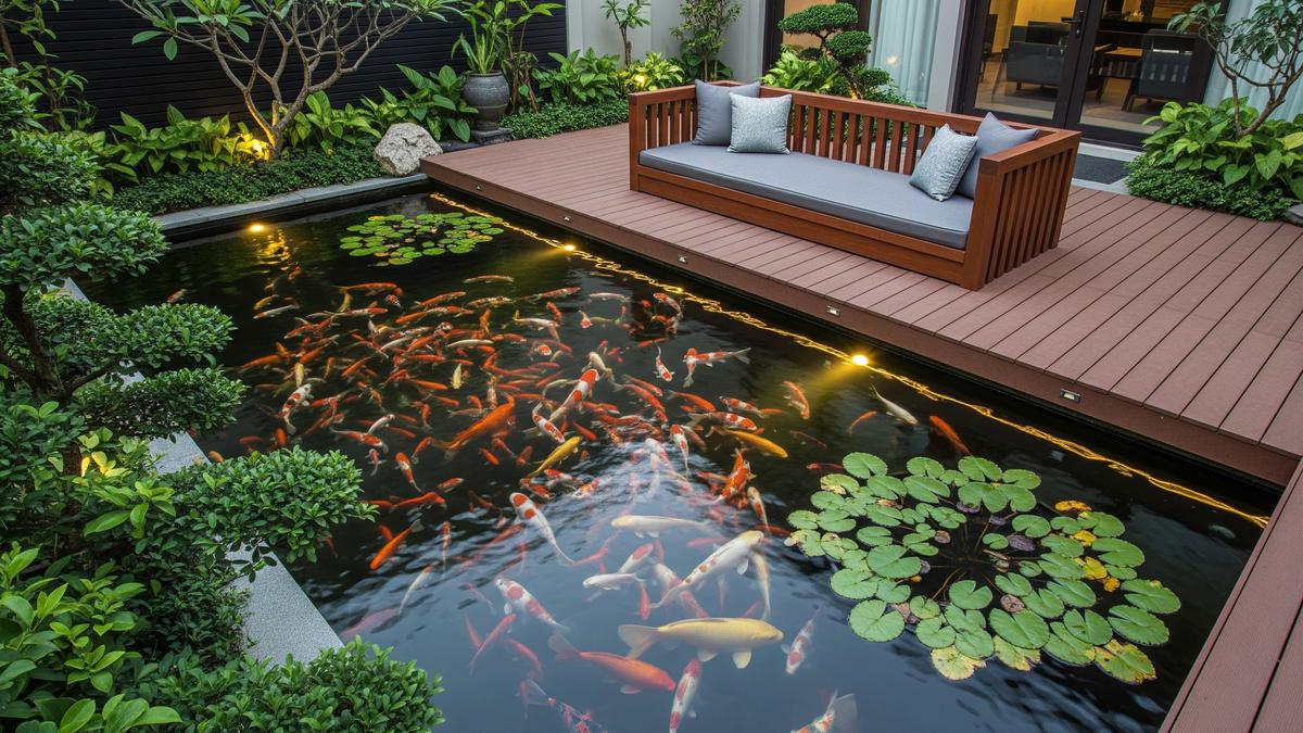 7 Desain Kolam Ikan dengan Dek Kayu Pelindung dan Bangku Santai yang Membuat Halaman Terlihat Lebih Mewah