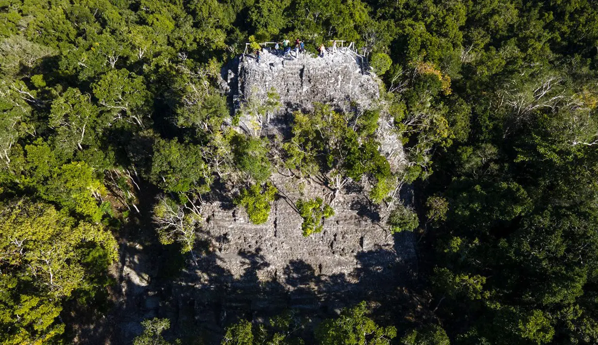 <p>Pemandangan udara areal Piramida La Danta di situs arkeologi El Mirador, San Adres, Guatemala, 17 Januari 2023. Salah satu piramida terbesar di dunia tersebut ditemukan di antara hutan yang luas Guatemala berkat bantuan teknologi. (Carlos ALONZO/AFP)</p>