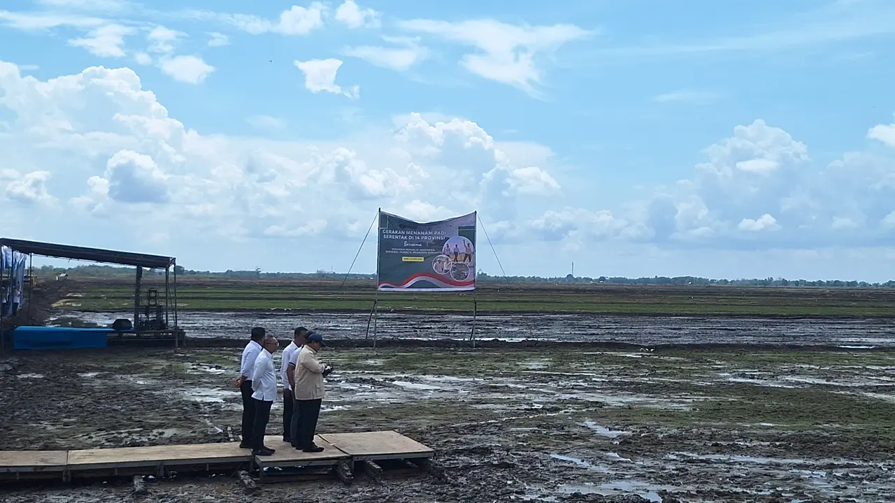 Presiden Prabowo Subianto menanam padi dengan memanfaatkan teknologi drone di Kabupaten Ogan Ilir, Sumatera Selatan (Sumsel), Rabu (23/4/2025)