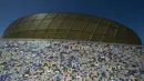 Pemandangan umum Lusail Stadium di Lusail, Qatar, 28 Maret 2022. Stadion berkapasitas 80 ribu penonton yang terletak di pinggiran Ibu Kota Doha ini akan menjadi tuan rumah final Piala Dunia 2022 pada bulan Desember mendatang. (GABRIEL BOUYS/AFP)