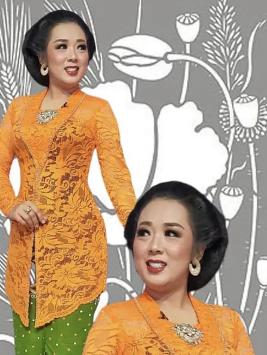 Soimah tampil mengenakan kebaya oranye dipadukan kain batik warna hijau. [Instagram/showimah]