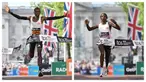 Foto kolase pelari Kenya, Sabastian Sawe (kiri) dan pelari Etiopia, Tigist Assefa saat melalui garis finis dalam ajang London Marathon 2025 di London, Inggris, Sabtu (27/04/2025) waktu setempat. (AFP/Justin Tallis)