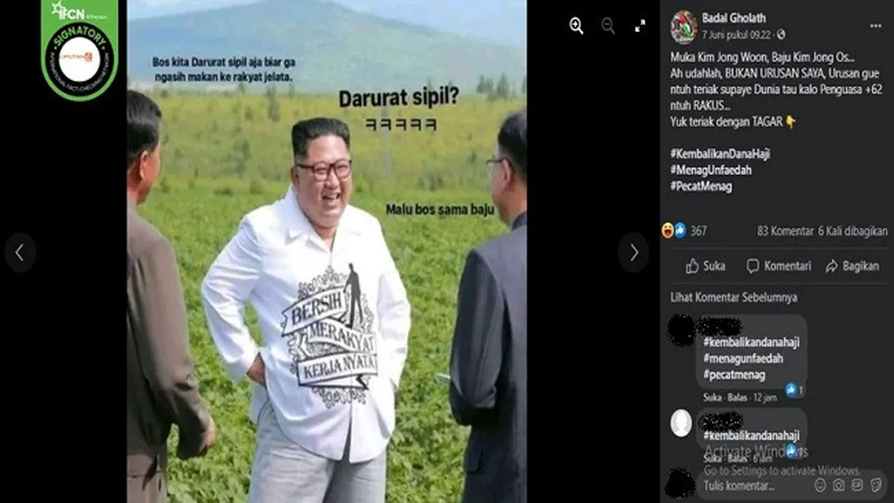Gambar Tangkapan Layar Foto yang Diklaim Kim Jong-un Pakai Kemeja Bertuliskan "Bersih, Merakyat, Kerja Nyata" (sumber: Facebook)