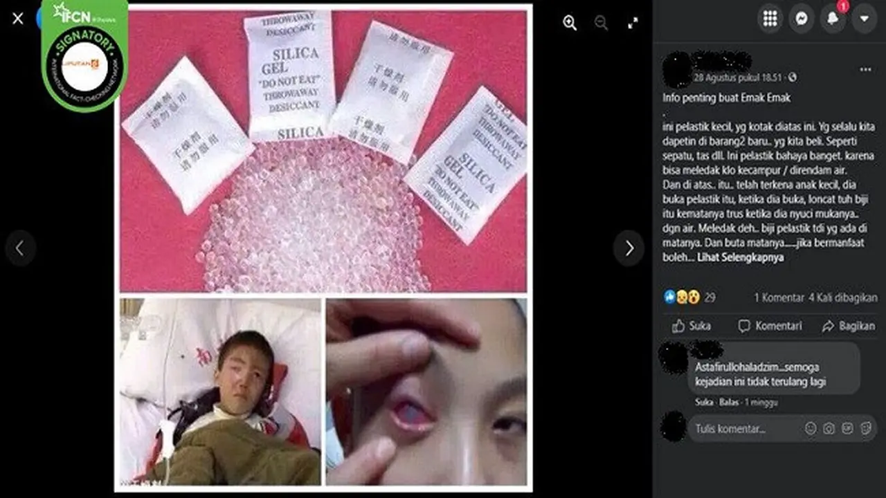 Gambar Tangkapan Layar Foto yang Diklaim Seorang Anak Buta karena Silica Gel Meledak di dalam Matanya (sumber: Facebook).