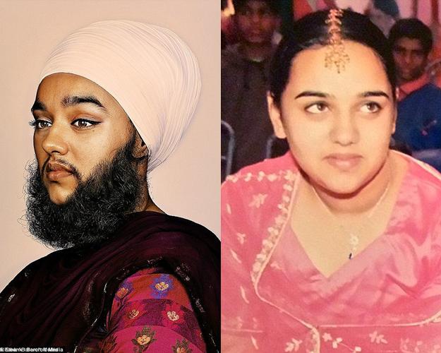 Harnaam Kaur saat masih belum berjenggot dan saat sudah menerima penampilannya/Copyright by dailymail.co.uk