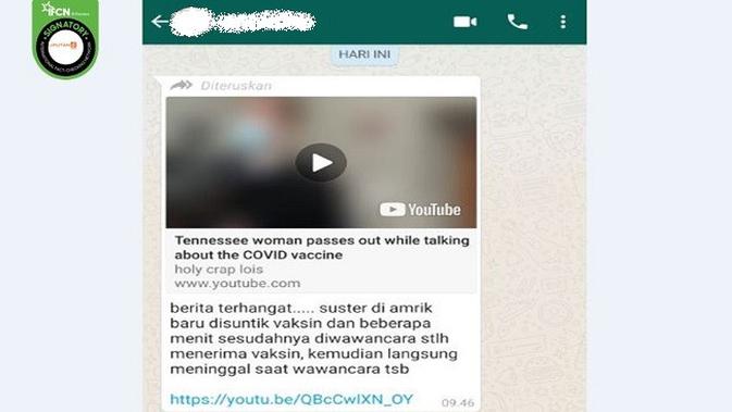 Gambar Tangkapan Layar Kabar Hoaks Seputar Vaksin Virus Corona Covid-19 (sumber: WhatsApp)