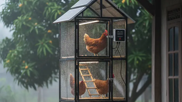Desain Kandang Ayam dengan Atap Solar Panel Mini. AI