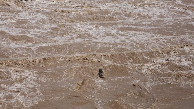 Seorang nelayan India berenang di tengah air Sungai Tawi setelah operasi penyelamatan menggunakan helikopter Angkatan Udara India gagal setelah tali putus di Jammu, India (19/8/2019). Permukaan air di banyak sungai di India utara meningkat setelah hujan lebat di musim hujan. (AP Photo/Channi Anand)