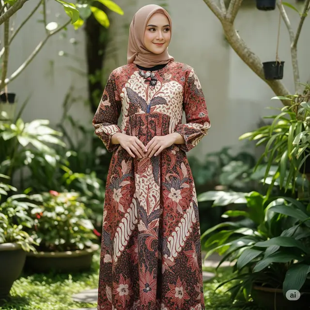 Gamis Batik Empire Waist Lengan ¾
