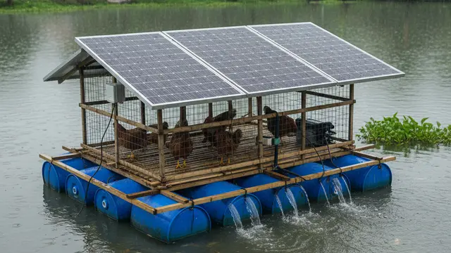 Desain Kandang Ayam dengan Atap Solar Panel Mini. AI