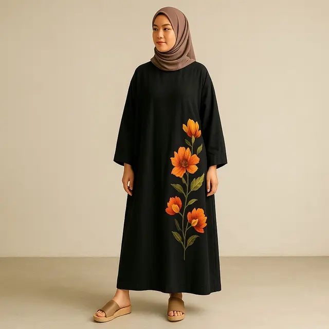 Inspirasi Model Gamis Hitam Bordir Bunga untuk Penampilan Kasual yang Berkelas/Ilustrasi gambar oleh AI