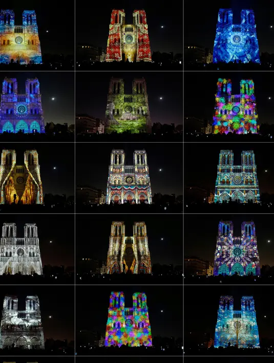 Kombinasi gambar pada 21 Oktober 2018 menunjukkan Gereja Katedral Notre Dame selama pertunjukan cahaya berjudul "Dame de Coeur" di Paris, Prancis. Pertunjukan cahaya tersebut bagian dari perayaan seratus tahun Perang Dunia I. (Photo by Ludovic MARI /AFP)