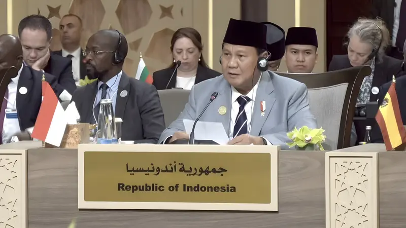 Menteri Pertahanan Prabowo Subianto saat menghadiri Konferensi Tanggap Darurat Gaza di Yordania.