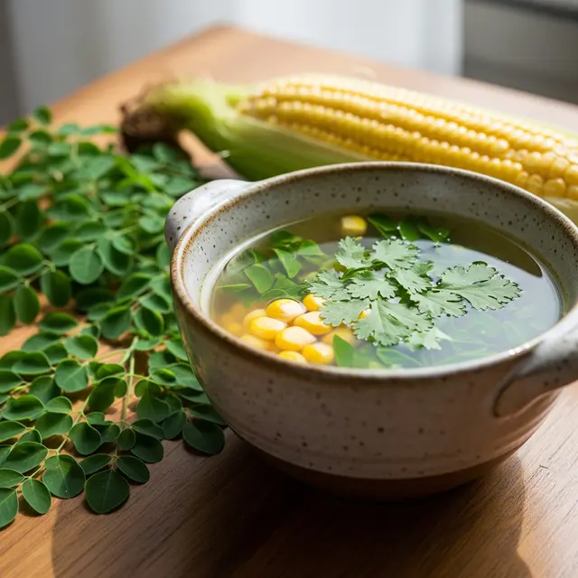 Resep Sup Bening Daun Kelor dengan Jagung (Image by Gemini AI)