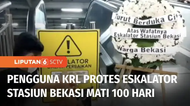 Sejumlah pengguna kereta api commuter line di Kota Bekasi, Jawa Barat, menggelar aksi protes di Stasiun Bekasi. Protes ini dilakukan, karena tidak berfungsinya eskalator di Stasiun Bekasi sejak 100 hari lalu.