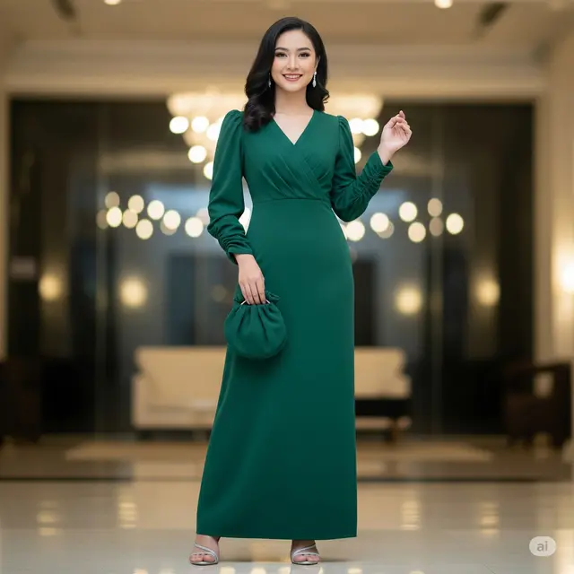 Dress V-Neck dengan Lengan Balon