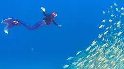 Tak hanya paus, YouTuber kondang Tanah Air juga antusias saat bertemu ikan-ikan kecil yang berkoloni. Ria Ricis terlihat sangat takjub dengan keindahan bawah laut. Tak heran, pengalaman snorkeling melihat berbagai ikan yang lucu tak akan pernah dilupakannya. (Liputan6.com/IG/@riaricis1795)