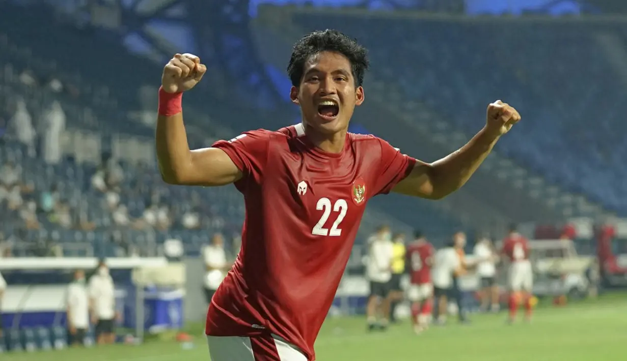 Selebrasi pemain Timnas Indonesia, Kadek Agung usai menjebol gawang Thailand dalam pertandingan babak kualifikasi Piala Dunia 2022 di Stadion Al Maktoum, Dubai, Uni Emirat Arab, Kamis (3/6/2021). (Foto: Dok. PSSI)