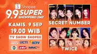 Shopee 9.9 Super Shopping Day TV Show yang akan disiarkan secara langsung pada tanggal 9 September pukul 19.00 WIB hanya di ShopeeLive, RCTI, SCTV, Indosiar, ANTV, dan MNC TV.