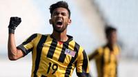Striker Malaysia U-19 Muhammad Zafuan Azeman merayakan gol yang ia cetak ke gawang Brunei Darussalam dalam lanjutan perrtandingan Grup F kualifikasi Piala Asia U-19 2018 di Paju Public Stadium, Paju, Sabtu (4/11/2017). (AFC)