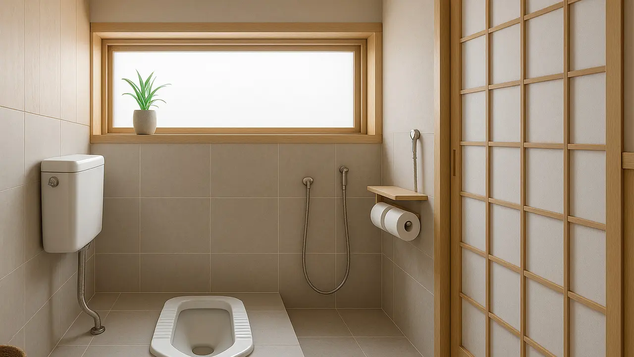 Desain Kamar Mandi 1,5 x 1,5 Meter Kloset Jongkok Gaya Jepang Minimalis/Ilustrasi AI