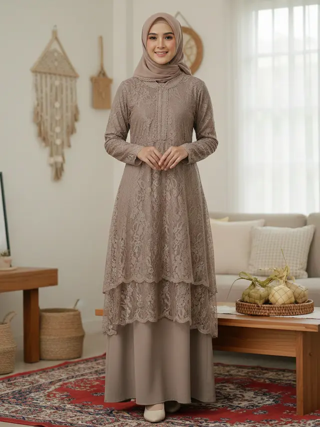 Gamis Brokat 2 Layer Warna Netral (Foto: Gemini AI)