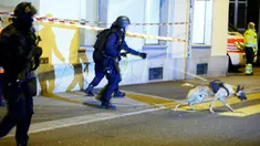Petugas polisi mengerahkan anjing pelacak di lokasi penembakan di sebuah masjid kota Zurich, Swiss, Senin (19/12). Sedikitnya tiga orang luka-luka saat seorang pria menyerbu masuk dan menembak jamaah yang tengah menunaikan salat. (REUTERS/Arnd Wiegmann)