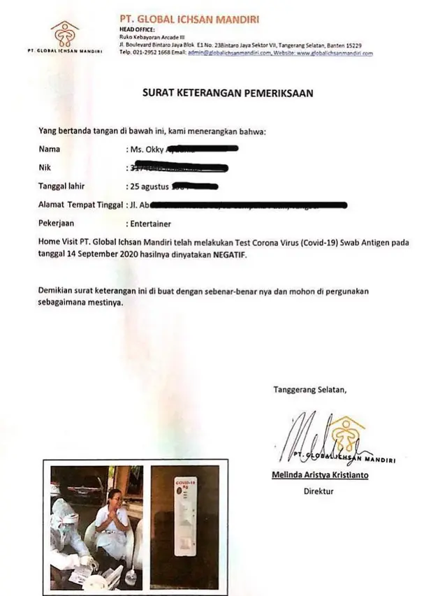 Hasil Swab Tes yang diunggah Okky Lukman di Instagram (https://www.instagram.com/p/CFLz4lCDf6A/)
