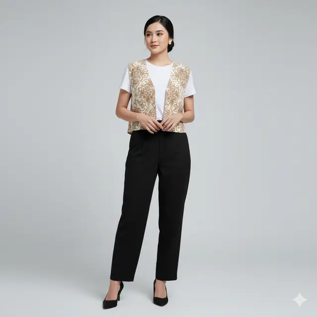 Inspirasi Setelan Batik Kerja Wanita dengan Outer Polos Model Crop Terbaru 2025. Gemini