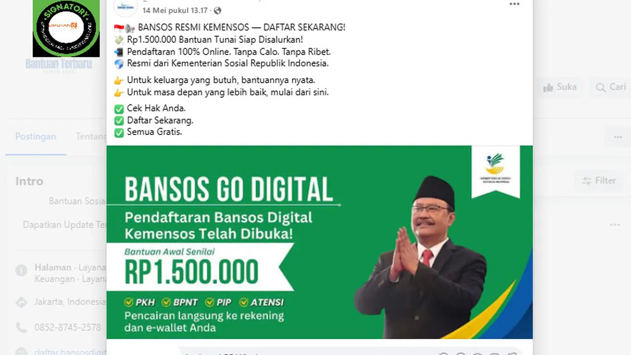 Tangkapan layar link pendaftaran bansos resmi dari Kemensos