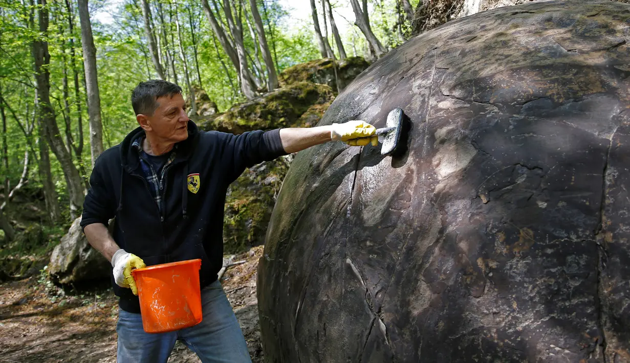 Suad Keserovic membersihkan bola batu temuannya di hutan Desa Podunavlje, Bosnia dan Herzegovina, Senin (11/4). Semenjak menemukan bola batu raksasa itu, Keserovic mengaku mendapat kunjungan ratusan wisatawan dari seluruh dunia. (REUTERS/Dado Ruvic)