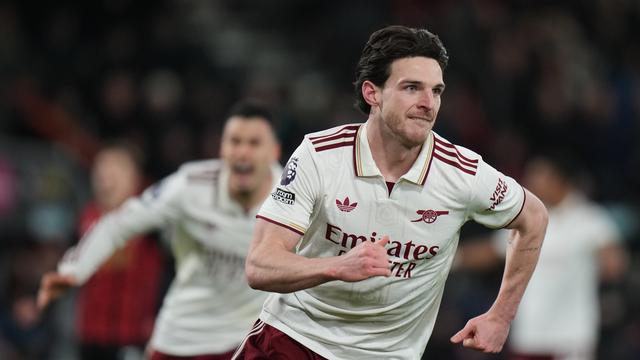 Selebrasi Declan Rice usai mencetak gol di laga Bournemouth vs Arsenal di pekan ke-20 Liga Inggris 2025/2026 di Vitality Stadium, Minggu (04/01/2026) dini hari WIB.