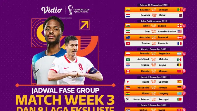 Jadwal dan Live Streaming Piala Dunia Qatar 2022 Matchweek 3 di Vidio