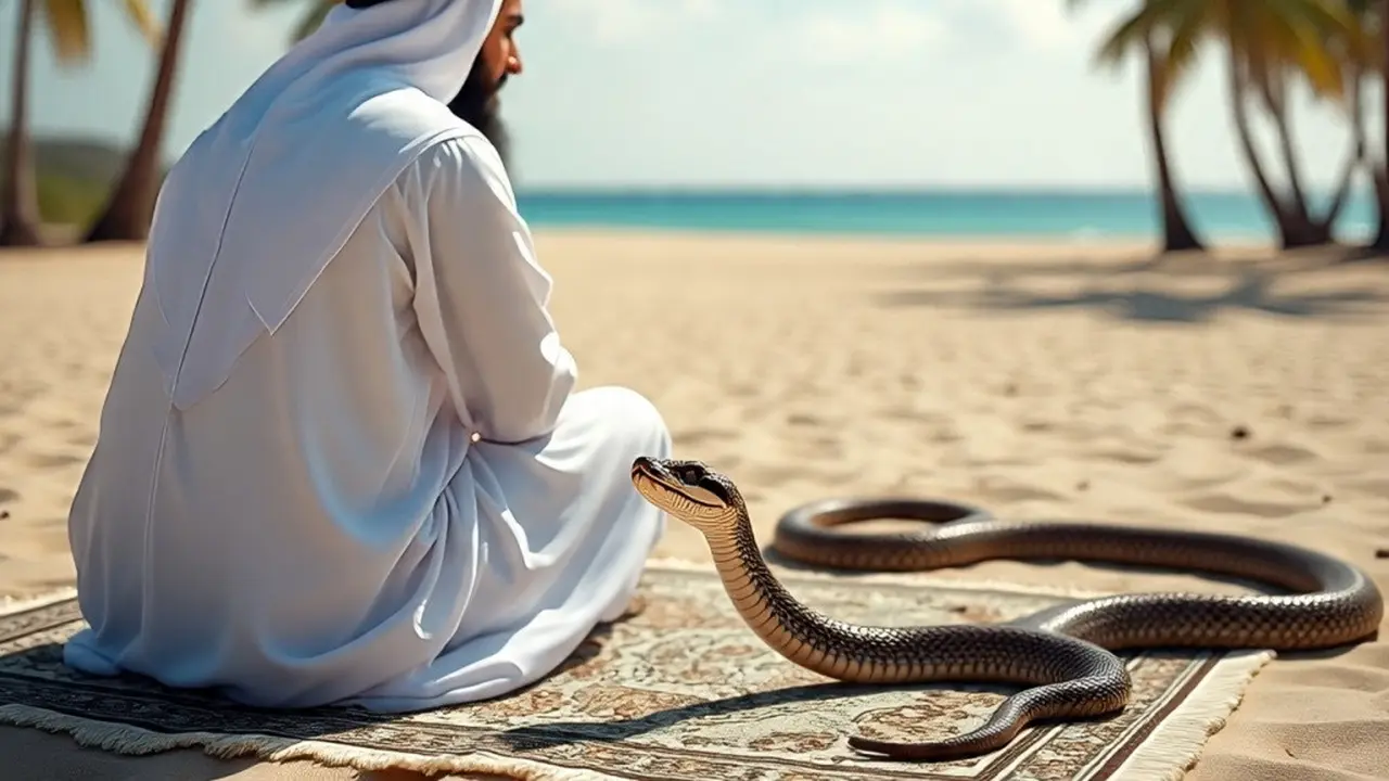 Ular dan seorang pria muslim di padang pasir gersang. (Foto Credit: MetaAI)